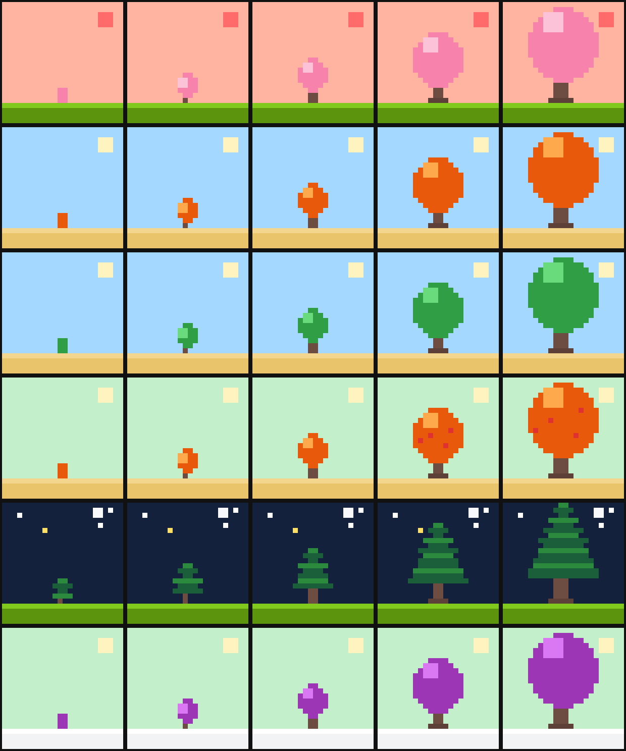Six species across growth stages: cherry blossom, orange, green oak, fruit tree, night pine and purple